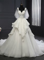 A-Line White Tulle Short Sleeve Sweetheart Appliques Wedding Dresses
