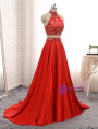 A-line Red Two Pieces Evening Dresses Soft Satin Prom Party Gown