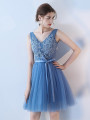 Blue A-line V-neck Applique Tulle Short Prom Dress Homecoming Dress