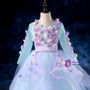 Blue Tulle V-neck Long Sleeve Appliques Flwoer Girl Dress