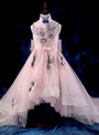 Pink High Low High Neck Embroidery Flower Girl Dress With Pearls