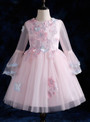 Pink Long Sleeve Tulle Appliques Scoop Neck Flower Girl Dress