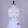 2017 White Tulle Long Graduation Beading Halter Backless 2 Piece  Prom Dress