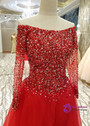 Red Crystal Beading Long Sleeved A-line Prom Party Gowns
