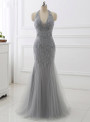 2018 Mermaid Beading Formal Women Dresses Sexy Backless Gray Tassel Evening Dress