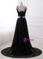 A Line Chiffon Scoop Neck Black Evening Dress Pleat Sequined Waist