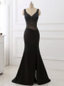Black V-Neck Beaded Prom Dresses Sleeveless Split