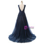 In Stock:Ship in 48 hours Navy Blue V-neck Appliques Prom Dress