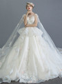 Long Tail  Flower Ball Gown Tulle White High Waist Wedding Dress