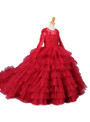 Red Ball Gown Flower Girl Dresses Long Sleeve Beaded Appliques Tiered Tulle