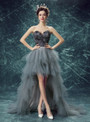 In Stock:Ship in 48 hours Hi Lo Gray Tulle Feather Open Back Prom Dress
