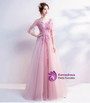 In Stock:Ship in 48 hours A-line Pink Tulle V-neck Backless Appliques Prom Dress