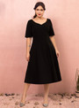 Plus Size Tea Length Black Short Sleeve Satin Prom Dress