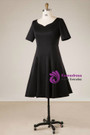 Plus Size Tea Length Black Short Sleeve Satin Prom Dress