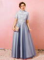 Plus Size Blue Tulle High Neck Short Sleeve Prom Dress