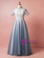 Plus Size Blue Tulle High Neck Short Sleeve Prom Dress