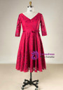 Plus Size Burgundy Lace Half Sleeve V-neck Prom Dress