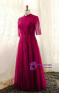 Plus Size Burugndy Tulle Lace Half Sleeve Prom Dress