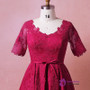 Plus Size Burgundy Satin Appliques Short Sleeve Long Prom Dress