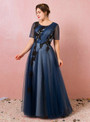 Plus Size Blue Tulle Short Sleeve Appliques Prom Dress
