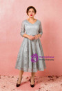 Plus Size Gray Lace Short Sleeve Tea Length Prom Dress