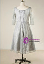 Plus Size Gray Lace Short Sleeve Tea Length Prom Dress
