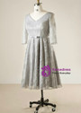 Plus Size Gray Lace Short Sleeve Tea Length Prom Dress