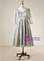 Plus Size Gray Lace Short Sleeve Tea Length Prom Dress