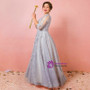 Plus Size Gray 3/4 Sleeve Tulle Appliques Prom Dress