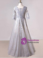 Plus Size Gray 3/4 Sleeve Tulle Appliques Prom Dress