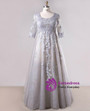 Plus Size Gray 3/4 Sleeve Tulle Appliques Prom Dress