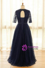 Plus Size Blue Tulle Half Sleeve Backless Prom Dress