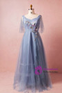 Plus Size Blue Tulle Appliques V-neck Prom Dress