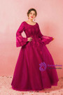 Plus Size Burgundy Long Sleeve Tulle Backless Prom Dress