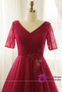 Plus Size Burgundy Short Sleeve V-neck Prom Dress