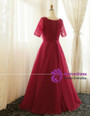 Plus Size Burgundy Short Sleeve V-neck Prom Dress