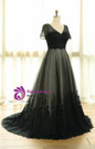 Plus Size Black V-neck Short Sleeve Prom Dress