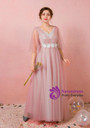 Plus Size Pink Tulle V-neck Backless Prom Dress