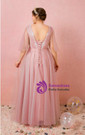 Plus Size Pink Tulle V-neck Backless Prom Dress