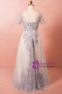 Plus Size Gray Tulle Short Sleeve Backless Prom Dress