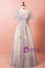 Plus Size Gray Tulle Short Sleeve Backless Prom Dress