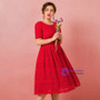 Plus Size Tea Length Red Lace Short Sleeve Prom Dress