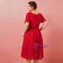 Plus Size Tea Length Red Lace Short Sleeve Prom Dress