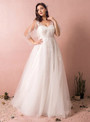 Plus Size White Tulle V-neck Open Back Wedding Dress