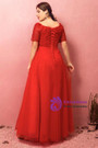 Plus Size Red Tulle Flower Short Sleeve Prom Dress