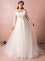 Plus Size White Lace Tulle Long Sleeve Beading Wedding Dress