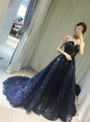 In Stock:Ship in 48 hours Blue Tulle Bling Bling Strapless Prom Dress