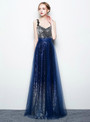 In Stock:Ship in 48 hours Blue Sequins Straps V-neck Prom Dress