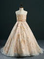 Ball Gown Strapless Gold Tulle Beading Flower Girl Dress
