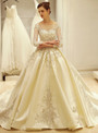 Ball Gown Beige Long Sleeve Satin Backless Appliques Wedding Dress